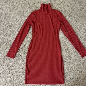 Stretchy Bodycon Turtleneck Ribbed Long Sleeve Red Dress